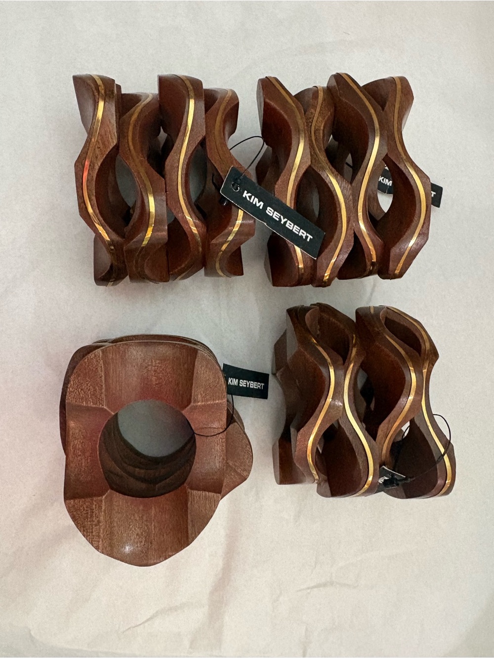 Kim Seybert Brown Wooden Wavy Napkin Ring Set of 4 with Gold Inlay